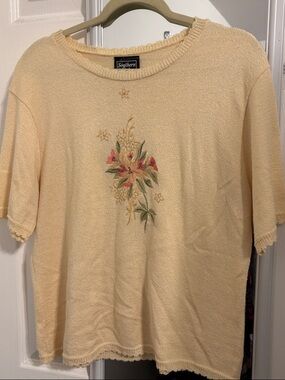 Southern Lady Pale Yellow Knit Tee with Pink & Green Floral Embroidery size XL